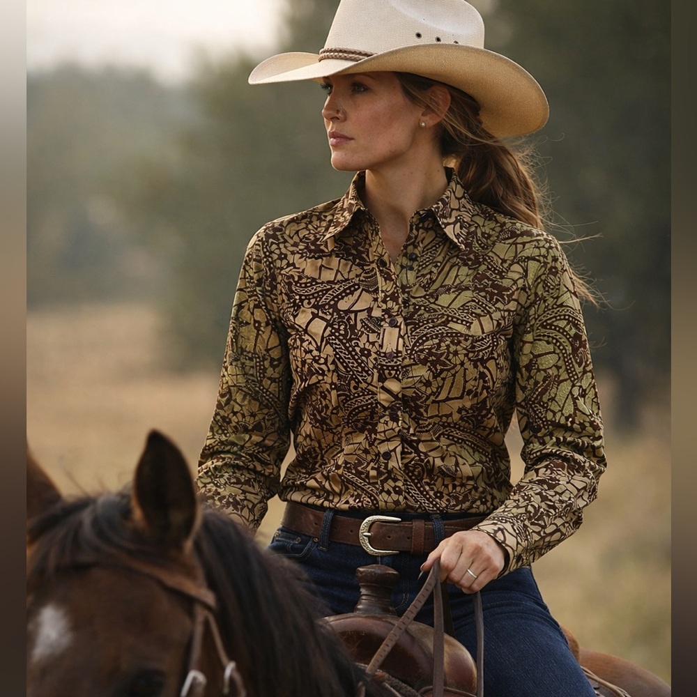 Vintage RoughRider By Circle T Brown Green Coastal Western Snap Shirt Sz M, NWOT - Picture 2 of 13